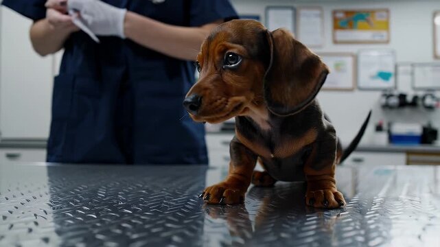 a frightened dachshund puppy sits trembling in a vet clinic before vaccination  its eyes filled with uncertainty  symbolizing common canine anxiety during checkups and the importance of gentle pet