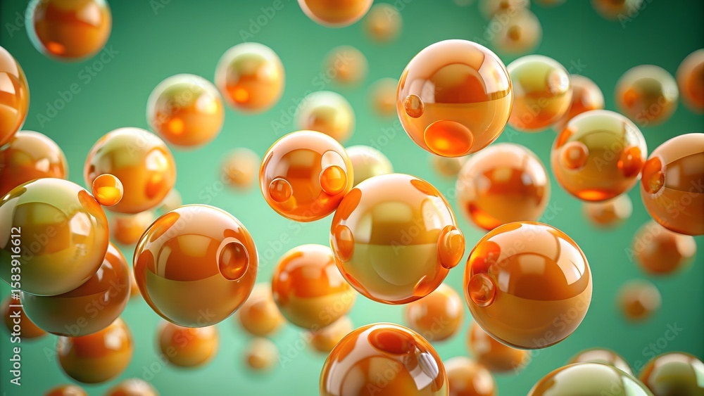 Fototapete abstract 3d rendering of glossy orange spheres floating in a green space