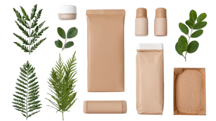 Eco-friendly packaging made from brown kraft paper, surrounded by green leaves and small beige containers, symbolizing natural and sustainable product presentation.