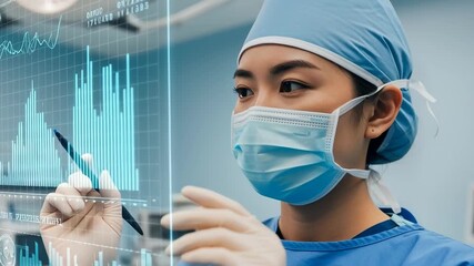 Surgeon wearing a surgical mask and gloves uses a futuristic hologram interface displaying medical data and anatomical charts in a modern operating room - Powered by Adobe