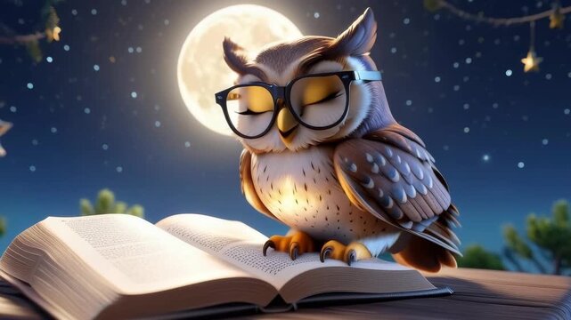 A cartoon owl wearing glasses is sitting on top of a stack of books. The owl is looking at the camera, and the scene is set at night. Scene is playful and whimsical, as the owl is a cute