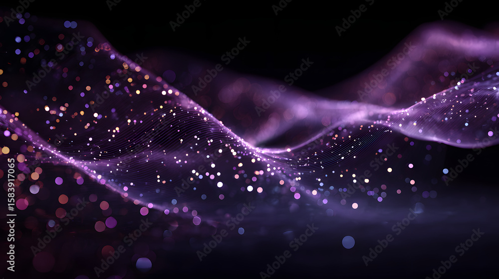 Poster digital purple particles wave and light abstract background with shining dots stars. futuristic wave