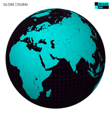 Vector Globe centered to Dubai. Rich Black Aqua palette. World map with meridians, parallels, countries, rivers and lakes. Neat vector illustration.