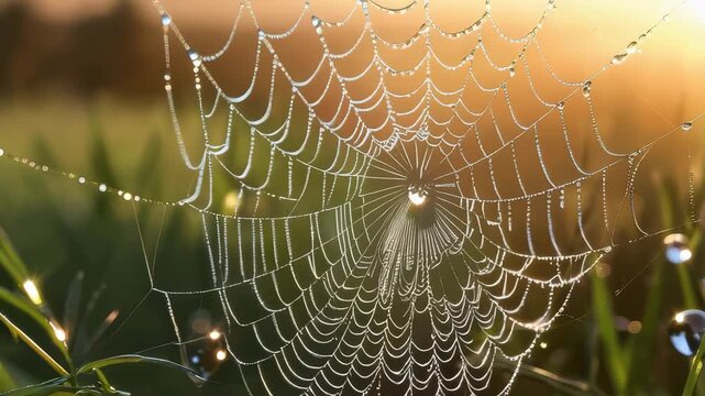 A spider web is shown with dew drops on it. The web is very intricate and has a lot of detail. The dew drops add a sense of freshness and tranquility to the scene