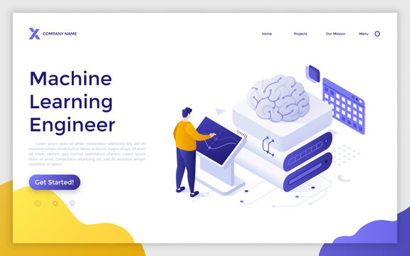 Man communicating with digital brain via computer technology. Machine learning engineer landing page isometric template. Automate artificial intelligence creative 3d vector illustration for web page