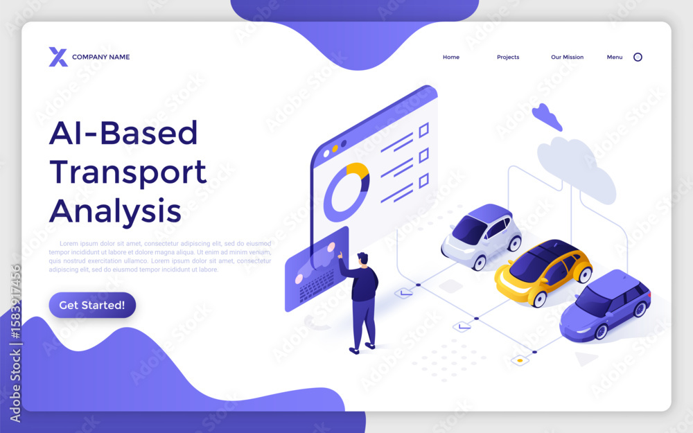 Poster male engineer checking digital data of smart vehicles. ai-based transport analysis landing page isom
