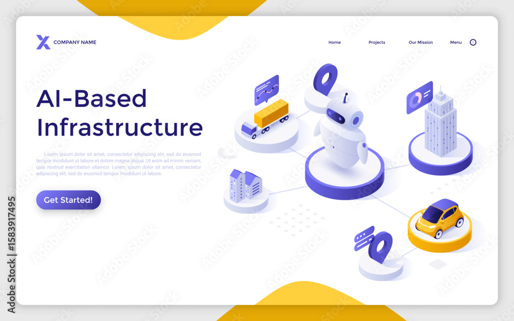 Poster smart robot connected to various vehicles and urban buildings. ai-based infrastructure landing page 