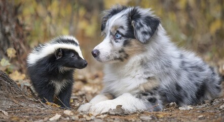 Naklejka premium Adorable Blue Merle Australian Shepherd Puppy Curiously Interacting with a Striped Skunk in a Heartwarming Pet Moment