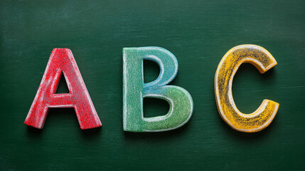 ABC letters drawn with colorful chalk on green chalkboard for early education