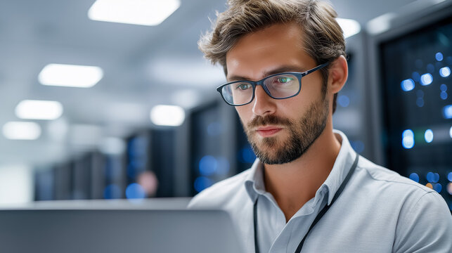 Focused young IT professional working on laptop in modern server room environment