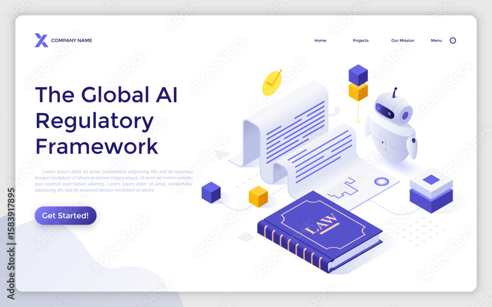 Aufkleber law book and robot checking formal documents on white background. global ai regulatory framework lan