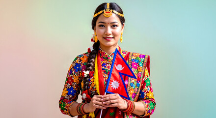Smiling Nepali Woman in Traditional Dress Holds Nepal Flag  on Empty Gradient Background 