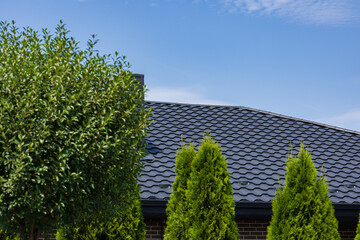 A sleek metallic tile roof is showcased above verdant trees, highlighting construction quality...