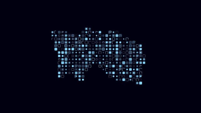 Jersey dotted animation. Shape of the country build of pulsating colored dots. Large size rounded square blocks. Digital style map on dark background. Trending video.