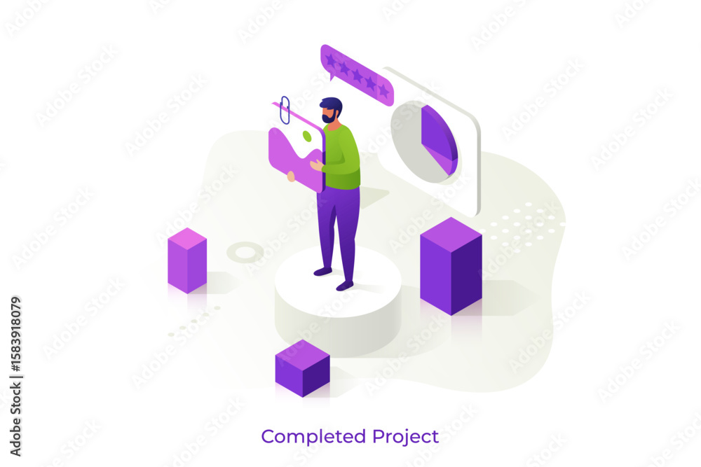Poster man standing with data file and rating stars. completed business project and customer feedback. user