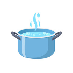 Boiling water in a blue pot, steam rises, bubbles visible