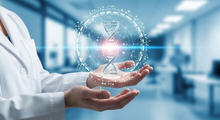 A doctor holds a glowing dna helix, representing genetic research and medical innovation