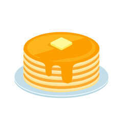 A stack of freshly made pancakes is served with syrup and a pat of butter