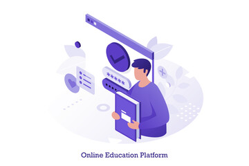 Vector illustration with man student holding book, learning online. Remote education and E-learning concept. Digital platform for university school course.