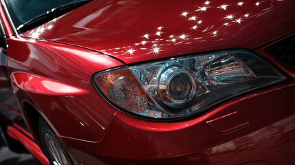 Fototapeta premium Sporty Radiance: Glossy Red Car Hood with Dazzling Headlights and Silver Star Accents