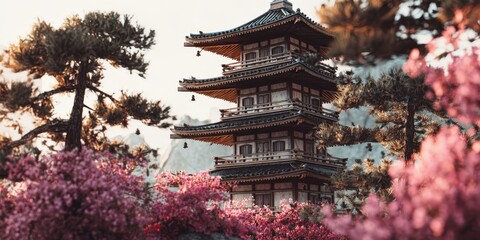 Serene Japanese Temple Pagoda Among Cherry Blossoms and Pine Trees in Esports Branding Style