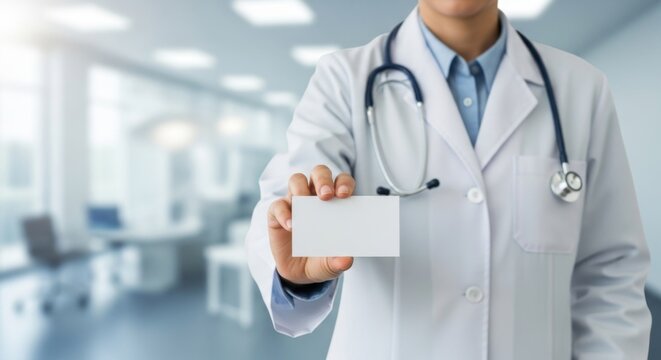 A doctor in a white coat holds out a blank business card in a bright and modern office