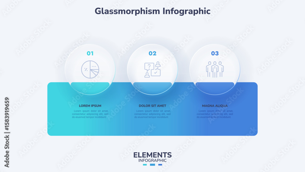 Poster vector illustration. infographic template with three step glassmorphism circles and text boxes. glas