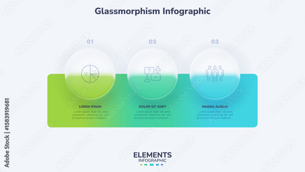 Poster vector illustration. glassmorphism infographic template with three options and text area for busines