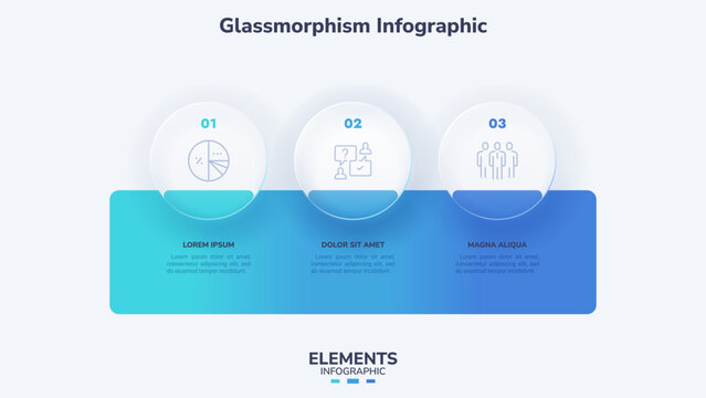 Vector illustration. Infographic template with three step glassmorphism circles and text boxes. Glass user interface for presentation or report.