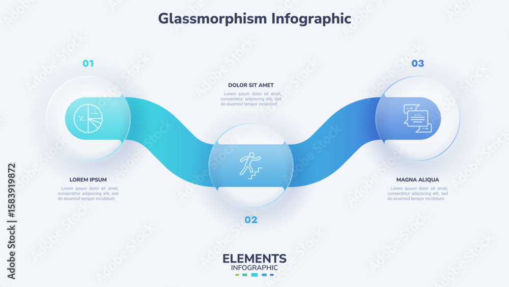 Poster vector illustration. glassmorphism infographic vector template with three circle elements and wavy f