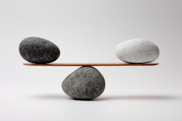 Two stones balanced on a wooden seesaw