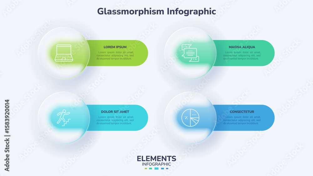 Poster vector illustration. glassmorphism infographic template shows four steps. circular elements with gre