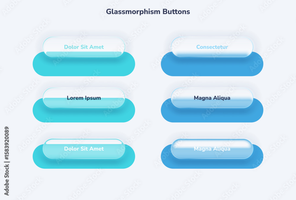 Poster vector illustration. six glassmorphism buttons with blue and turquoise colors. user interface elemen