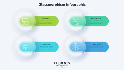Vector illustration. Glassmorphism infographic template shows four steps. Circular elements with green and blue translucent blur effect. Data visualization.