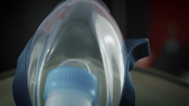 Nebulizer Mask Close Up for Respiratory Treatment with Blurred Red Background