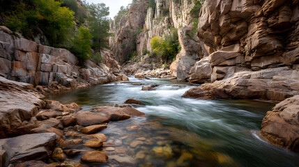Obraz premium Scenic view of a river flowing through a rocky canyon with flowing water and lush trees
