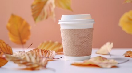 Eco-friendly paper coffee cup with latte on white tabletop surrounded by orange and yellow autumn leaves. Autumn background, mood, hot drink in cold weather