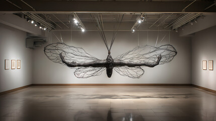 Elongated body horizontally bound to wall by metallic root-like cables