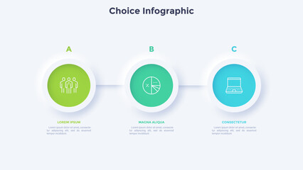 Three circular elements placed in horizontal row. Concept of 3 steps to startup project launch. Neumorphic infographic design template. Modern flat vector illustration for business presentation.