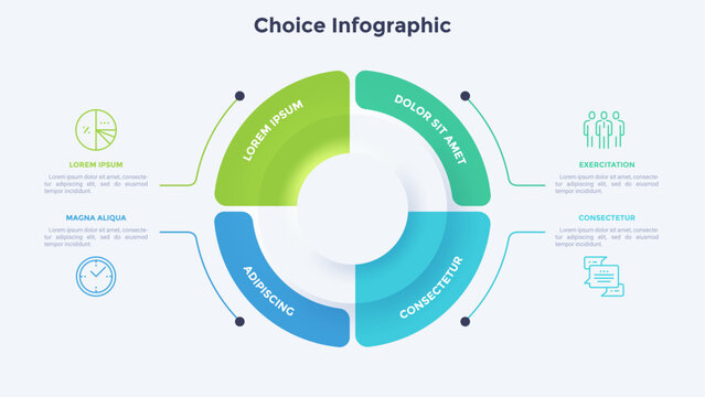 Ring-like chart divided into 4 elements. Concept of four steps of manufacturing cycle. Neumorphic infographic design template. Modern vector illustration for cyclic business process visualization.