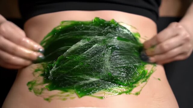 Algae Treatment on Woman Abdomen with Green Paste Against Black Background