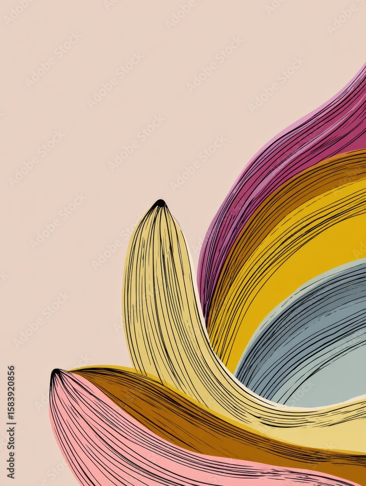 Poster minimal banana curve line art design on a pastel background with a spacious upper section, showcasin