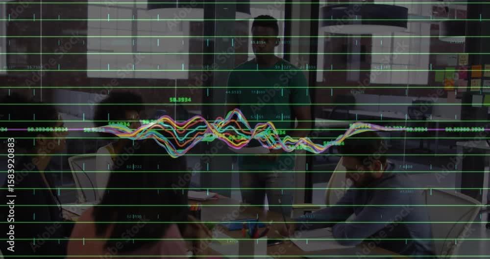 Poster presenter pointing at board with transparent overlay fading, team noting data shifts in business
