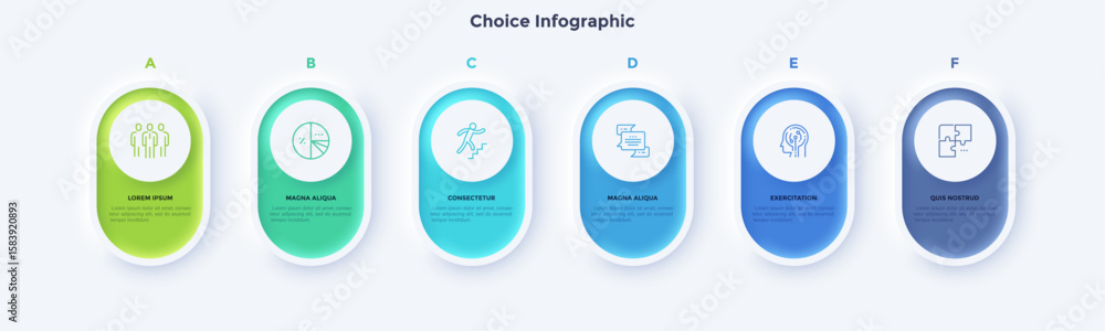 Poster six white rounded elements placed in horizontal row. concept of 6 business goals to choose. neumorph