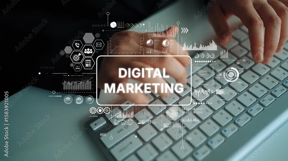 Poster conceptual image of digital marketing with hands typing on a keyboard surrounded by graphs and data 