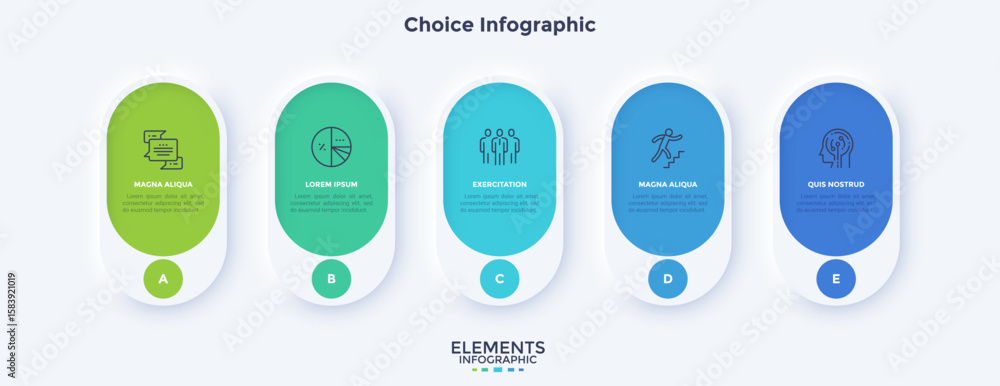 Poster five colorful rounded elements placed in horizontal row. concept of 5 business goals to choose. neum