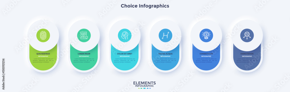 Poster six circular elements placed in horizontal row. concept of 6 steps to startup project launch. neumor