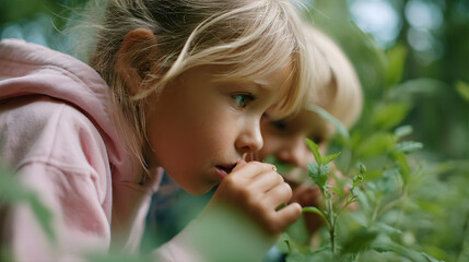Little girl with blond hair and a child explore plants in a green outdoor garden. Discovery of nature.