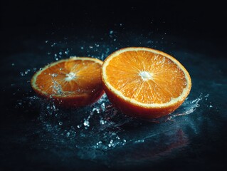 Two orange slices with water splashes