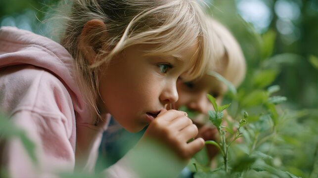 Naklejki Little girl with blond hair and a child explore plants in a green outdoor garden. Discovery of nature.